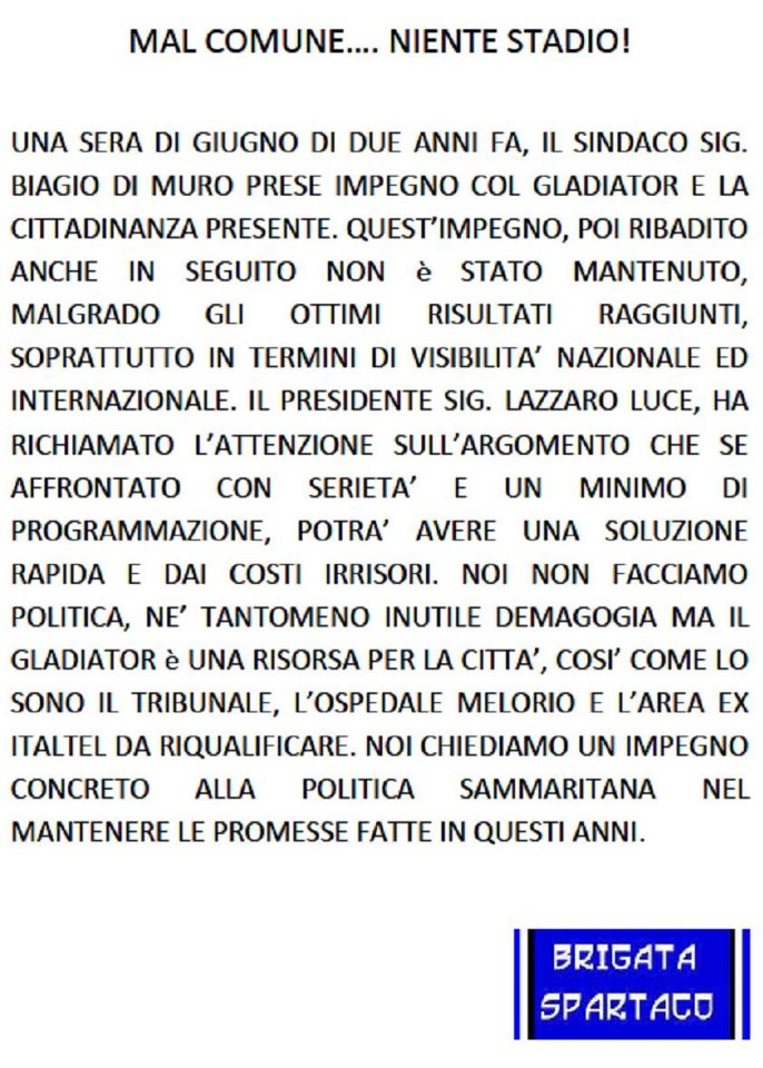 Gladiator, il comunicato della Brigata Spartaco: “Mal Comune…Niente Stadio”