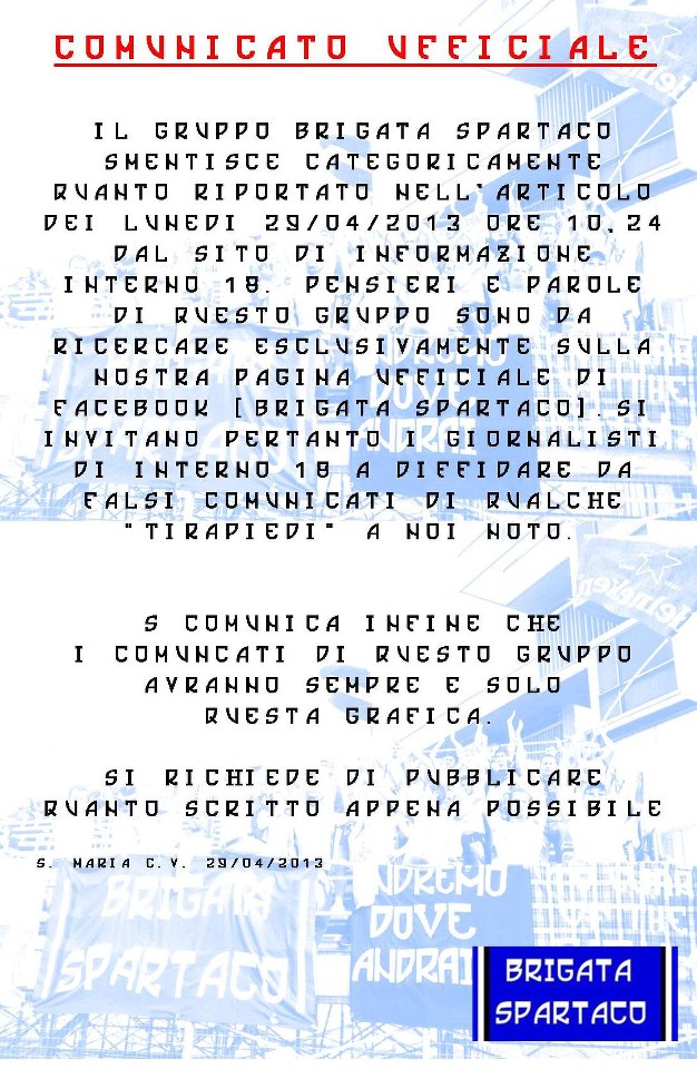 Il volantino di smentita della Brigata Spartaco.