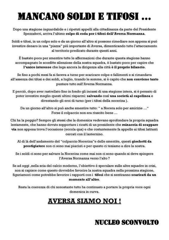 I tifosi normanni bacchettano la dirigenza: “Niente soldi per l’Aversa, ma per salvare la Nocerina sì?”