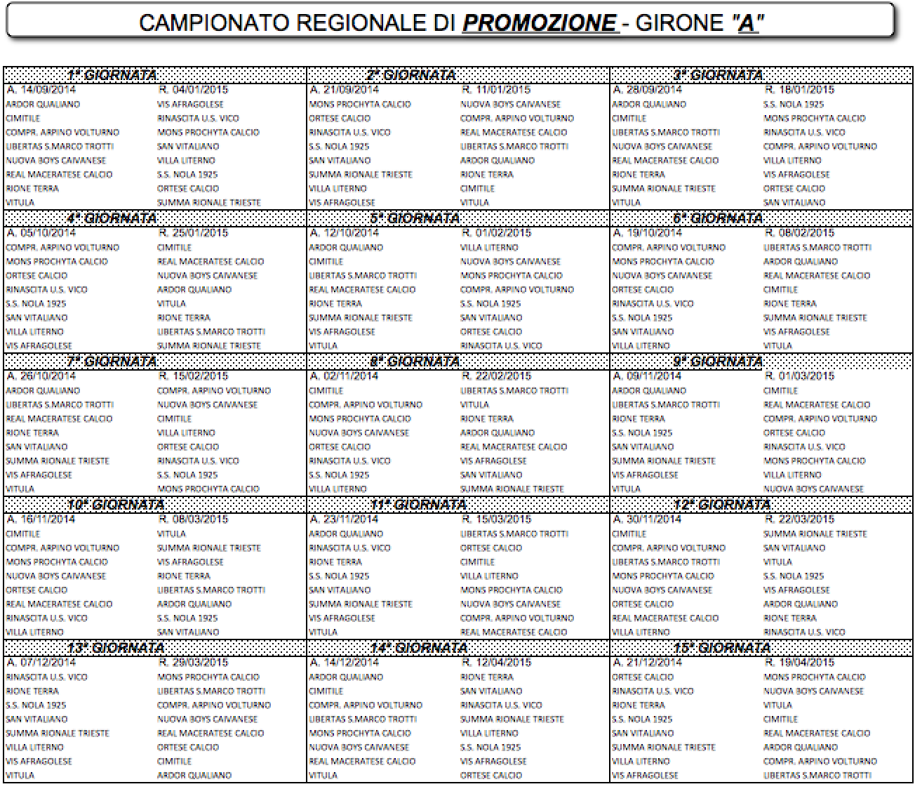 Il calendario di Promozione: debutto interno per quattro casertane