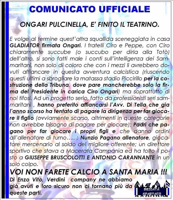 Gladiator, tifosi all’attacco: “Ongari Pulcinella, è finito il teatrino”