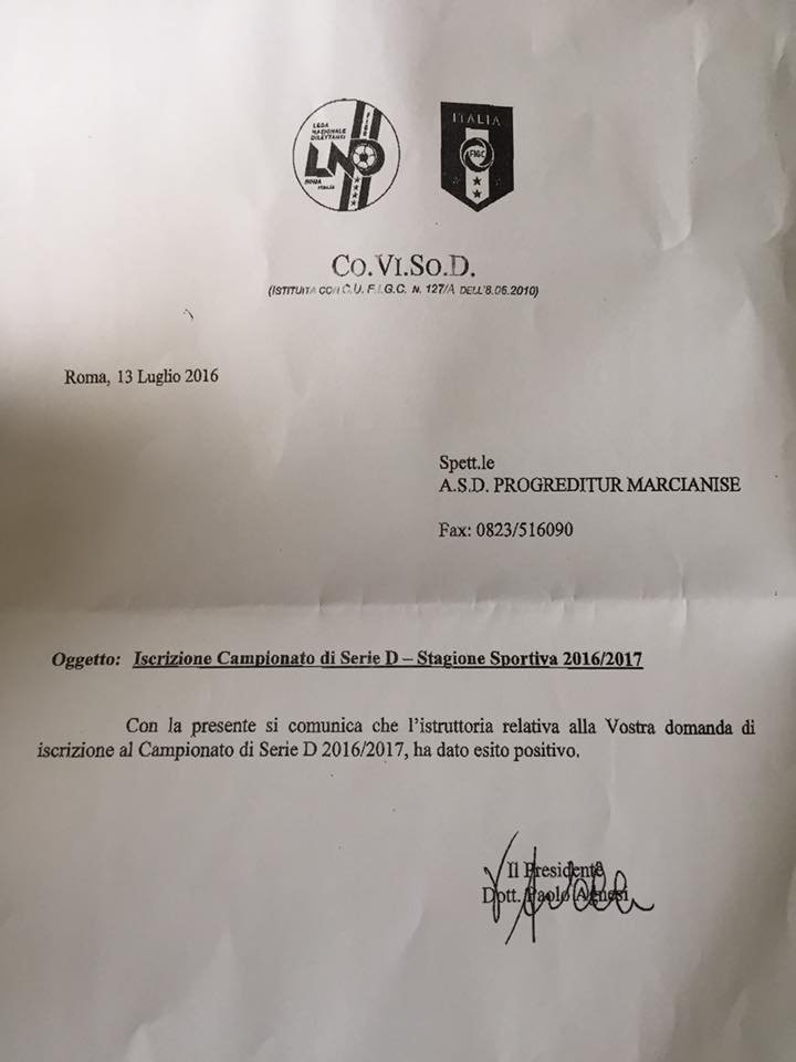UFFICIALE. Arriva l’ok della Co.Vi.So.D per l’iscrizione in Serie D del Gladiator