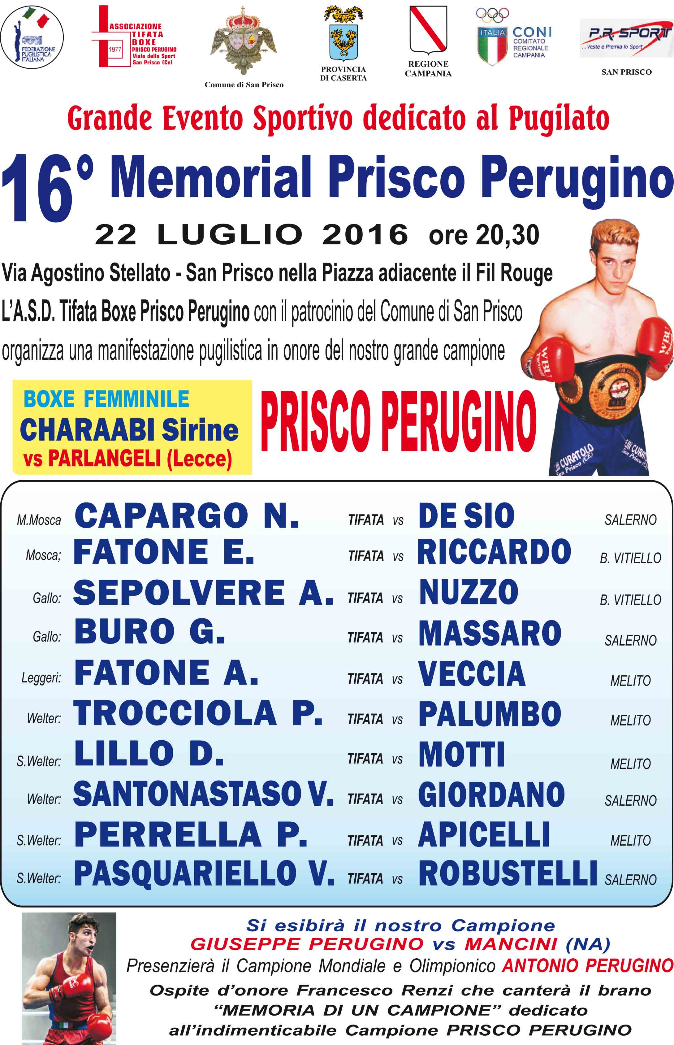 Venerdì il 16° Memorial ‘Prisco Perugino’: il programma della serata