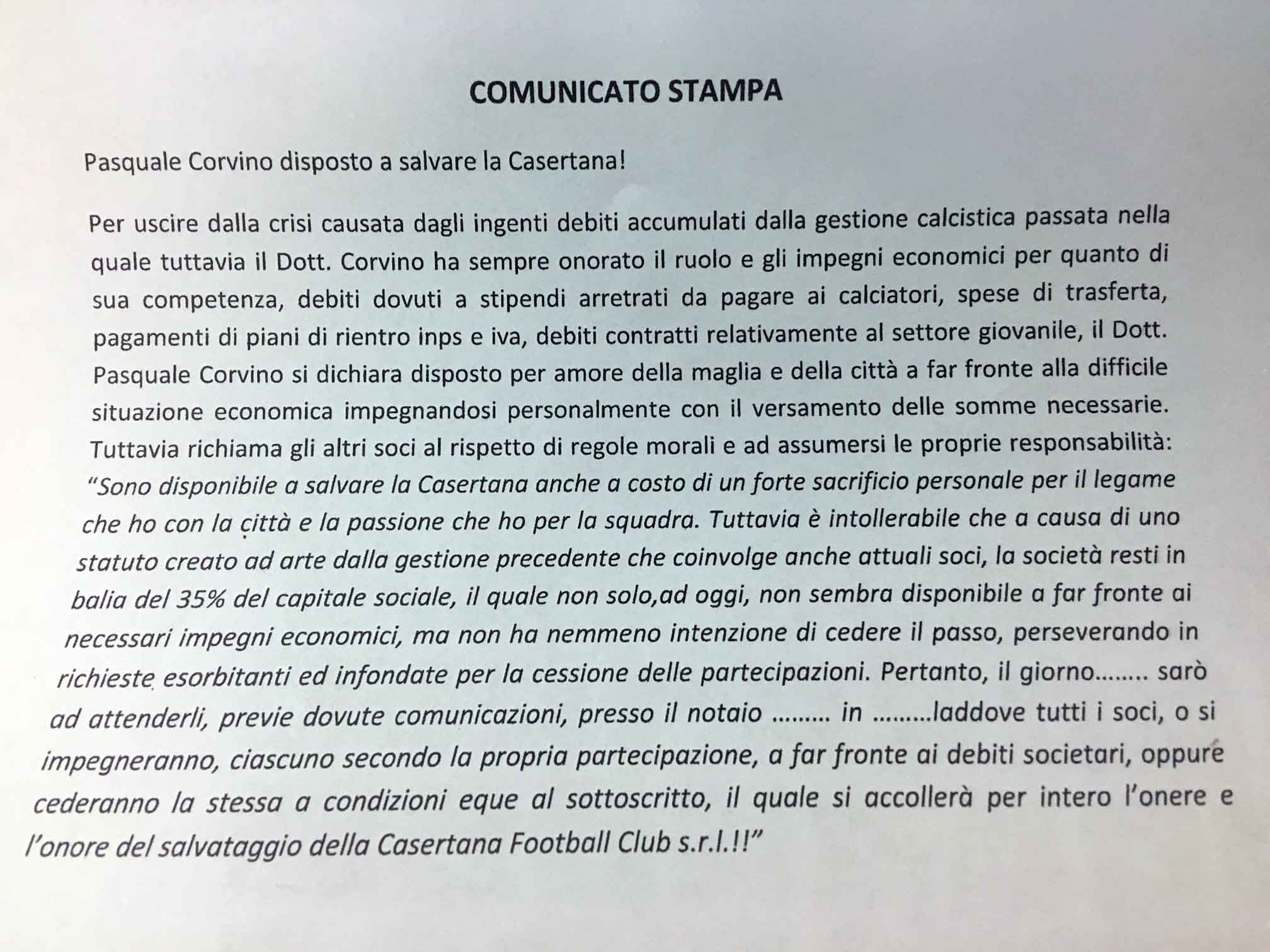 Corvino convoca ufficialmente i soci per rilevare le quote: ecco il comunicato