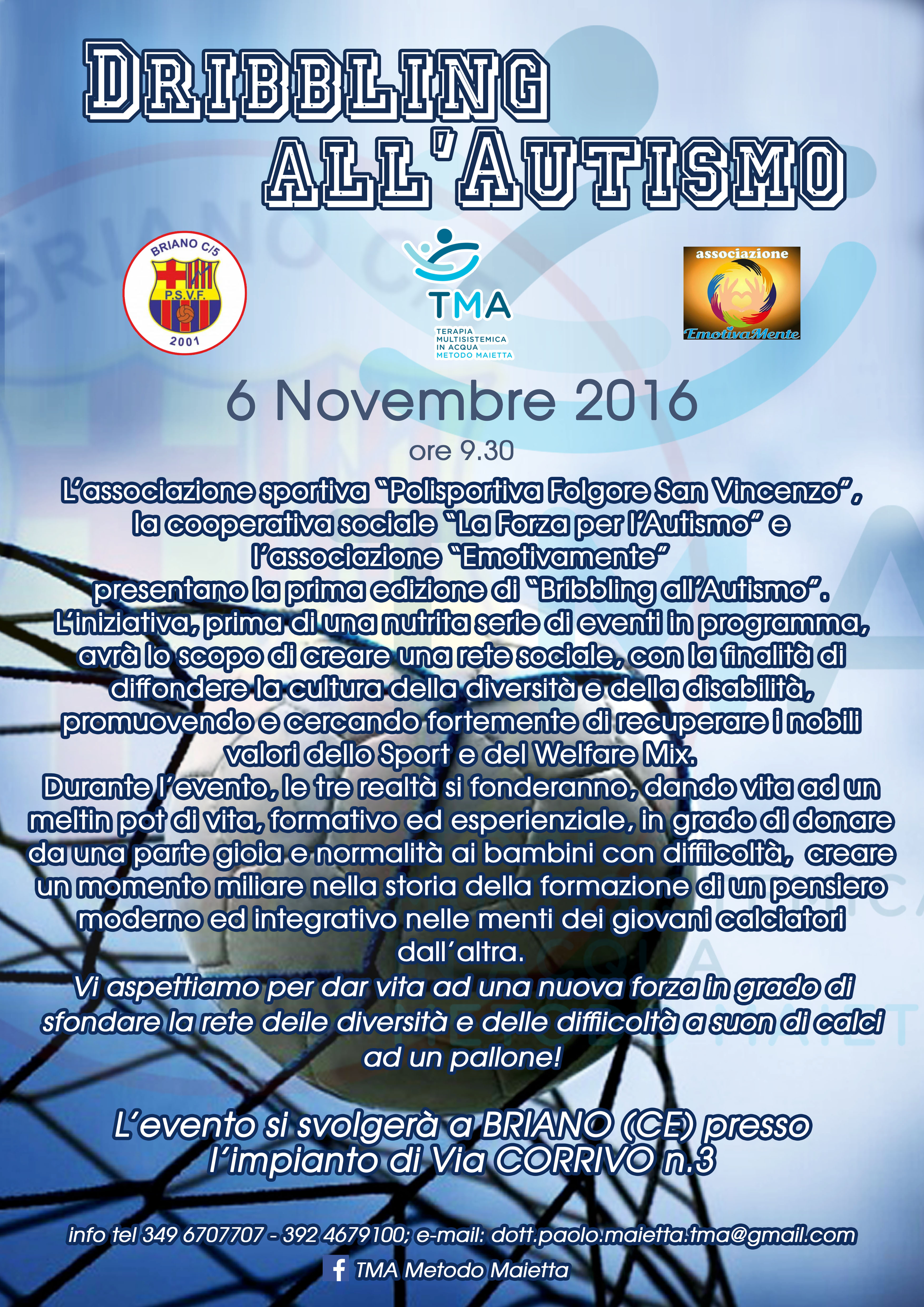 Il 6 novembre a Briano c’è ‘Dribbling all’autismo’