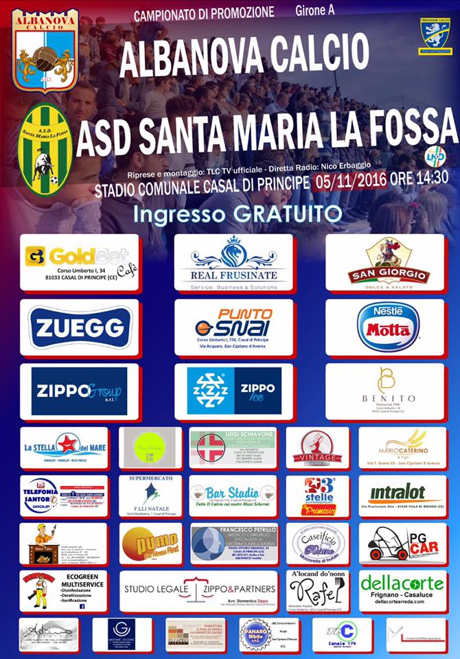 Albanova: sabato contro il Santa Maria La Fossa ingresso gratuito