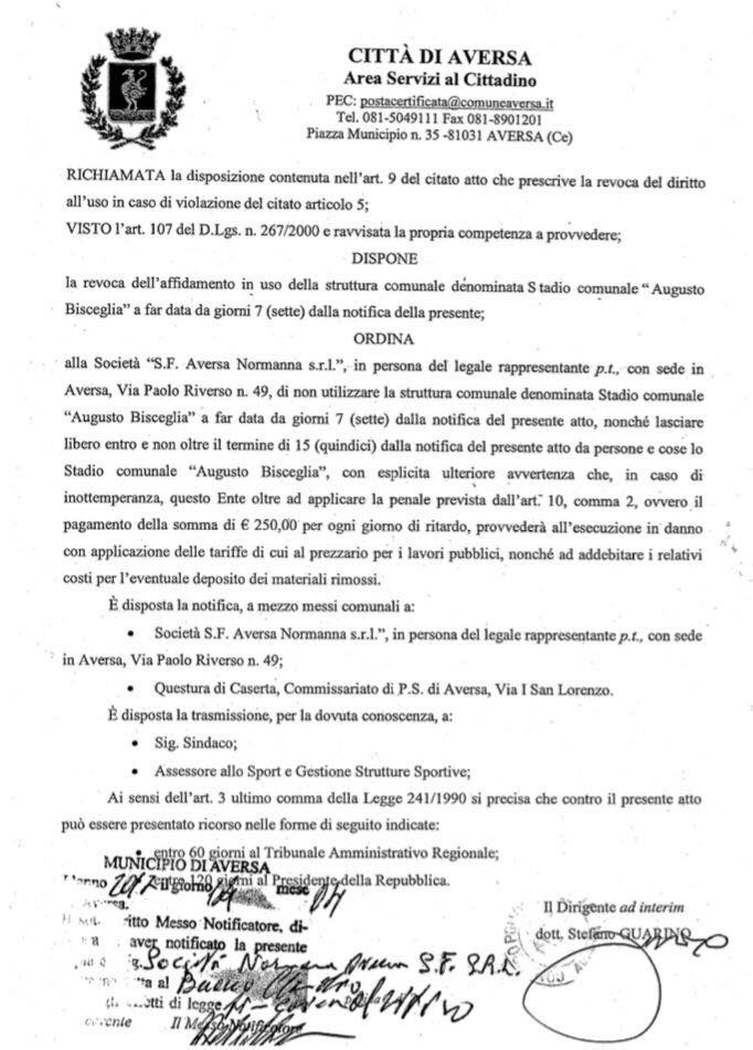 Ora è ufficiale: l’Aversa Normanna si ritrova senza stadio. Spezzaferri: “Solo illusioni da questa Amministrazione, che bel regalo di Pasqua”