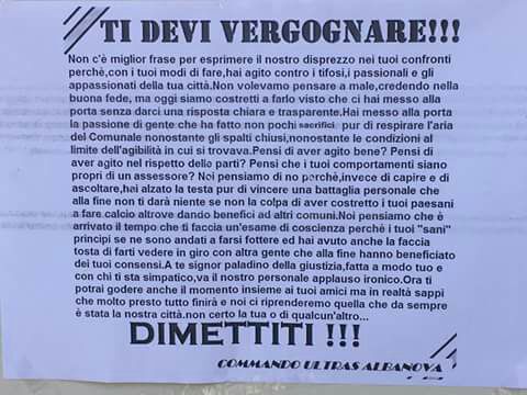 Real Albanova via da Casal di Principe, il Commando Ultras scende in campo e sferra un durissimo attacco all’Assessore