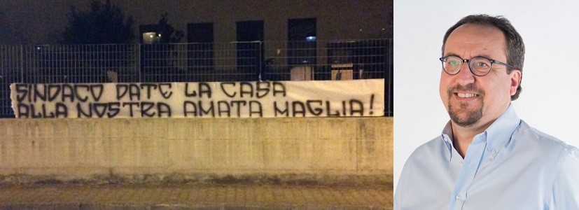 Lo striscione dei tifosi ed il sindaco Mirra
