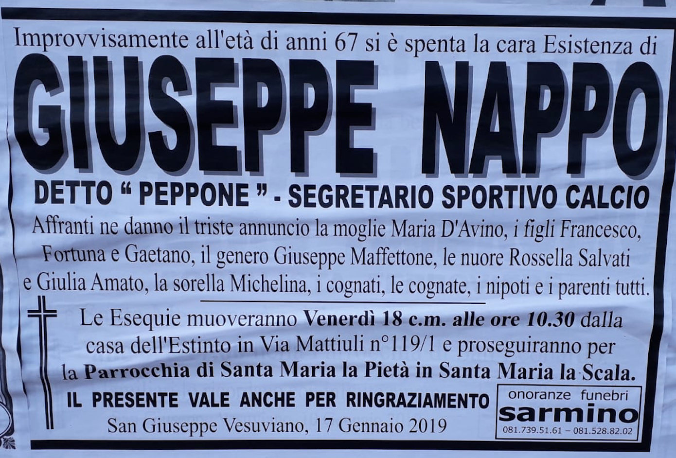 Ciao ‘Peppone’, venerdì l’ultimo saluto al segretario della Casertana