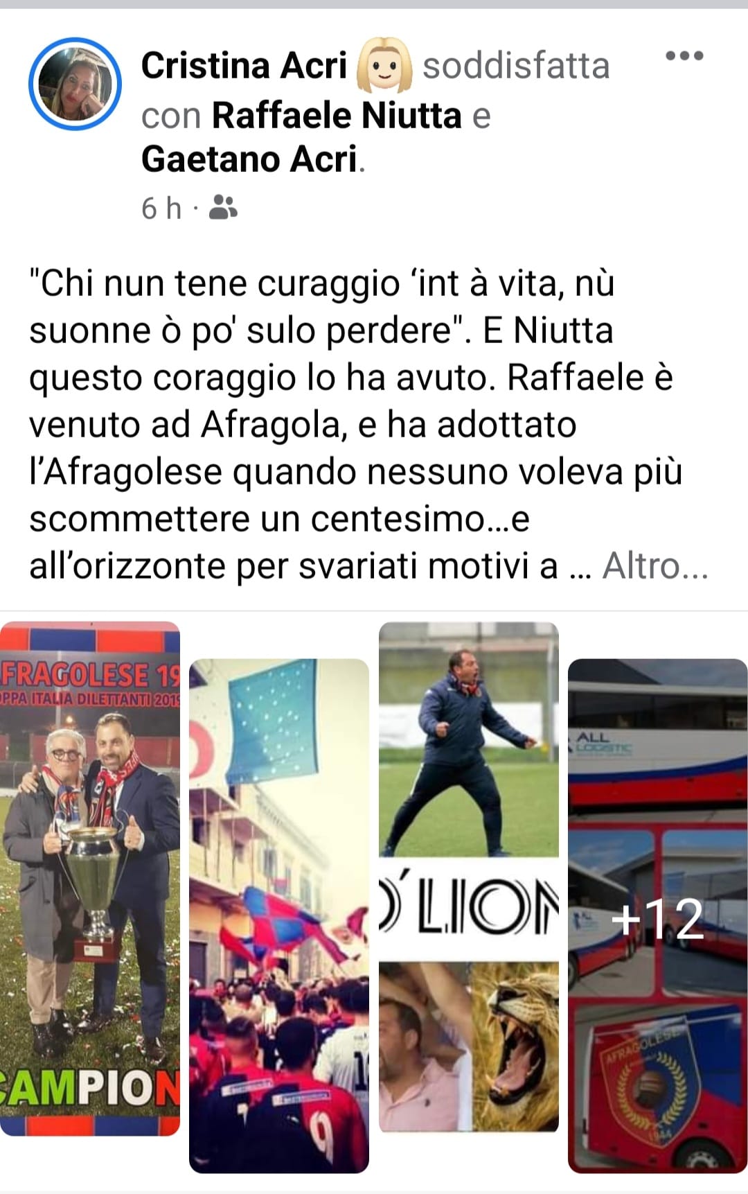 LA METAMORFOSI DELL’AFRAGOLESE. L’Assessore Cristina Acri saluta Niutta: “Grazie di tutto Raffaele, scommessa vinta 5 anni fa. Hai avuto tanto coraggio”