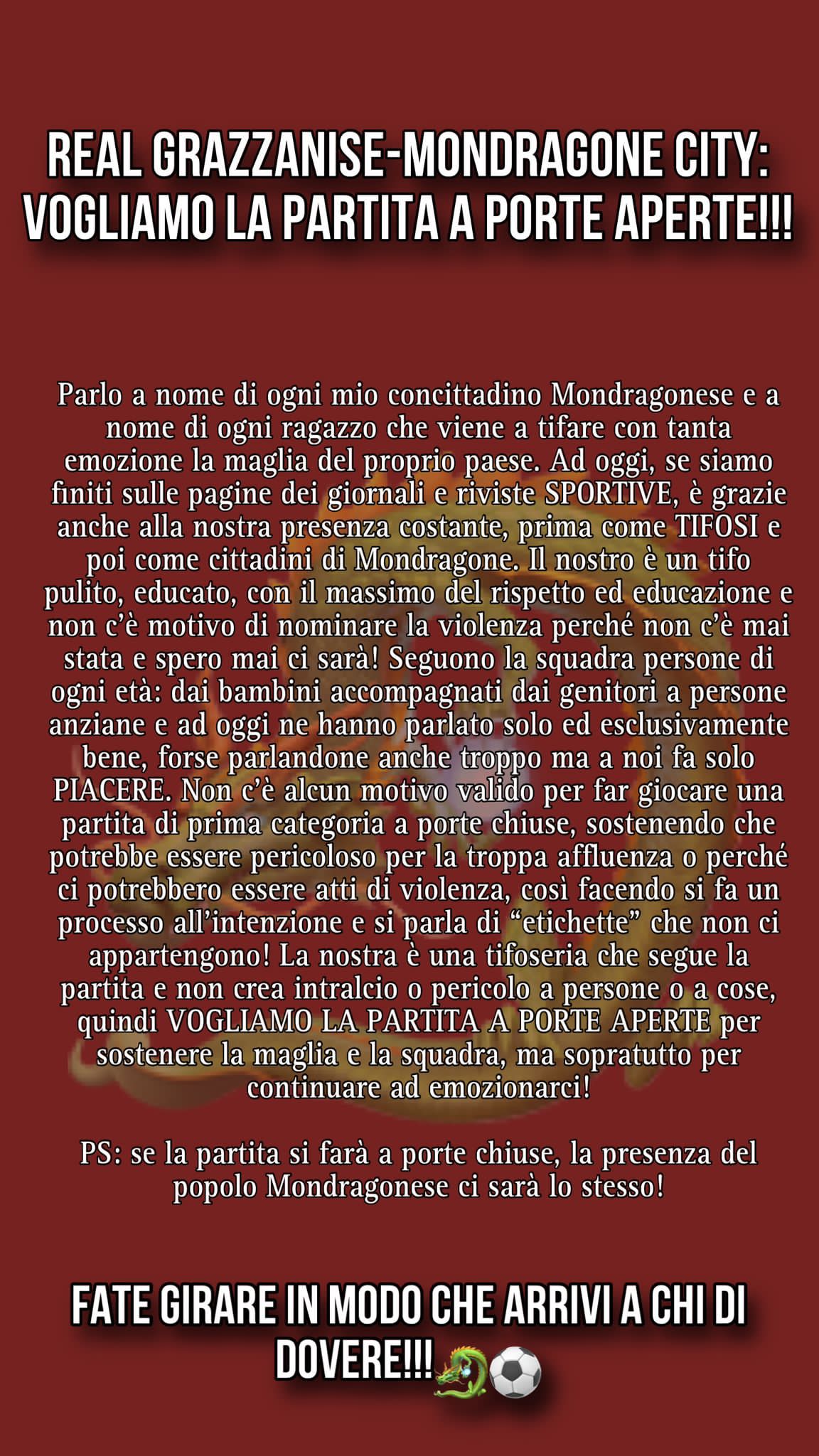 VERSO IL BIG MATCH. I tifosi del Mondragone City pronti a seguire la squadra a Grazzanise: “Si giochi a porte aperte, ma noi ugualmente presenti”