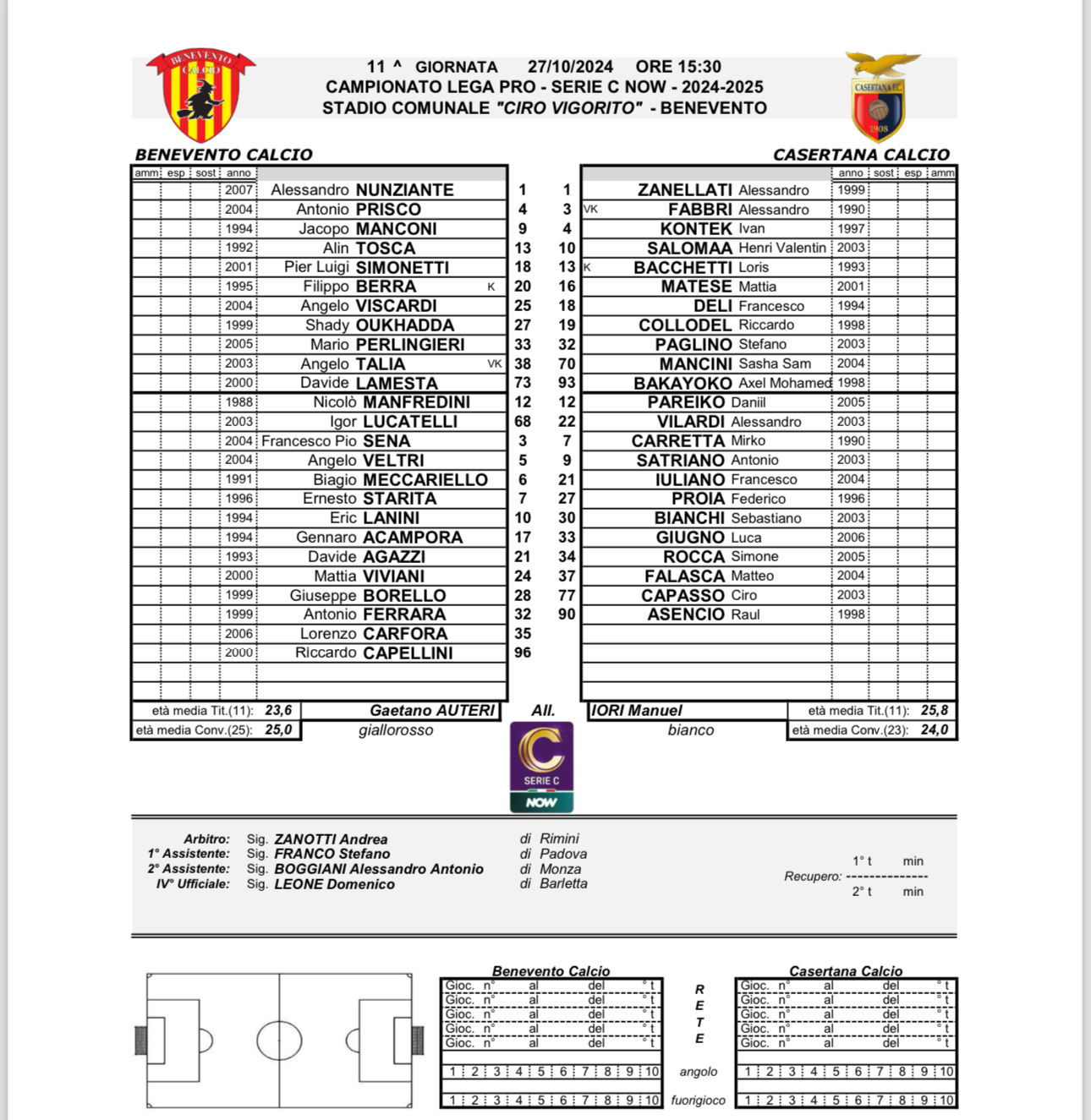 IN DIRETTA SU RAI 2. Le formazioni ufficiali di Benevento-Casertana: Iori varia l’undici iniziale